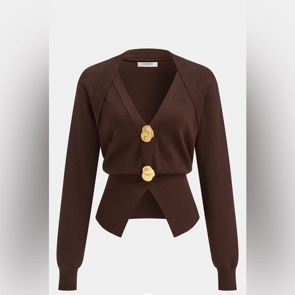 Metal Detail V-Neck Wool Blend Sweater~BROWN SMALL